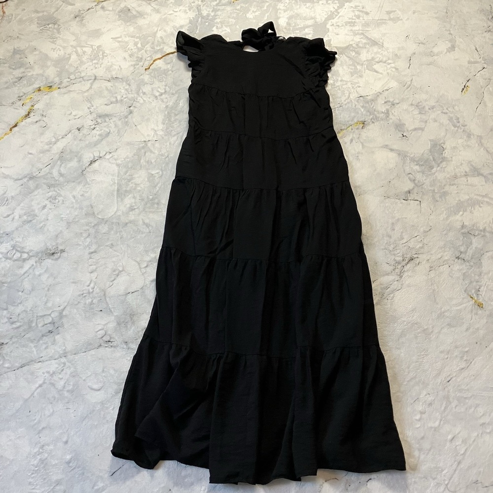 English Factory Dress Womens Size Small Black Tiered Ruffle Sleeve Pockets Midi
